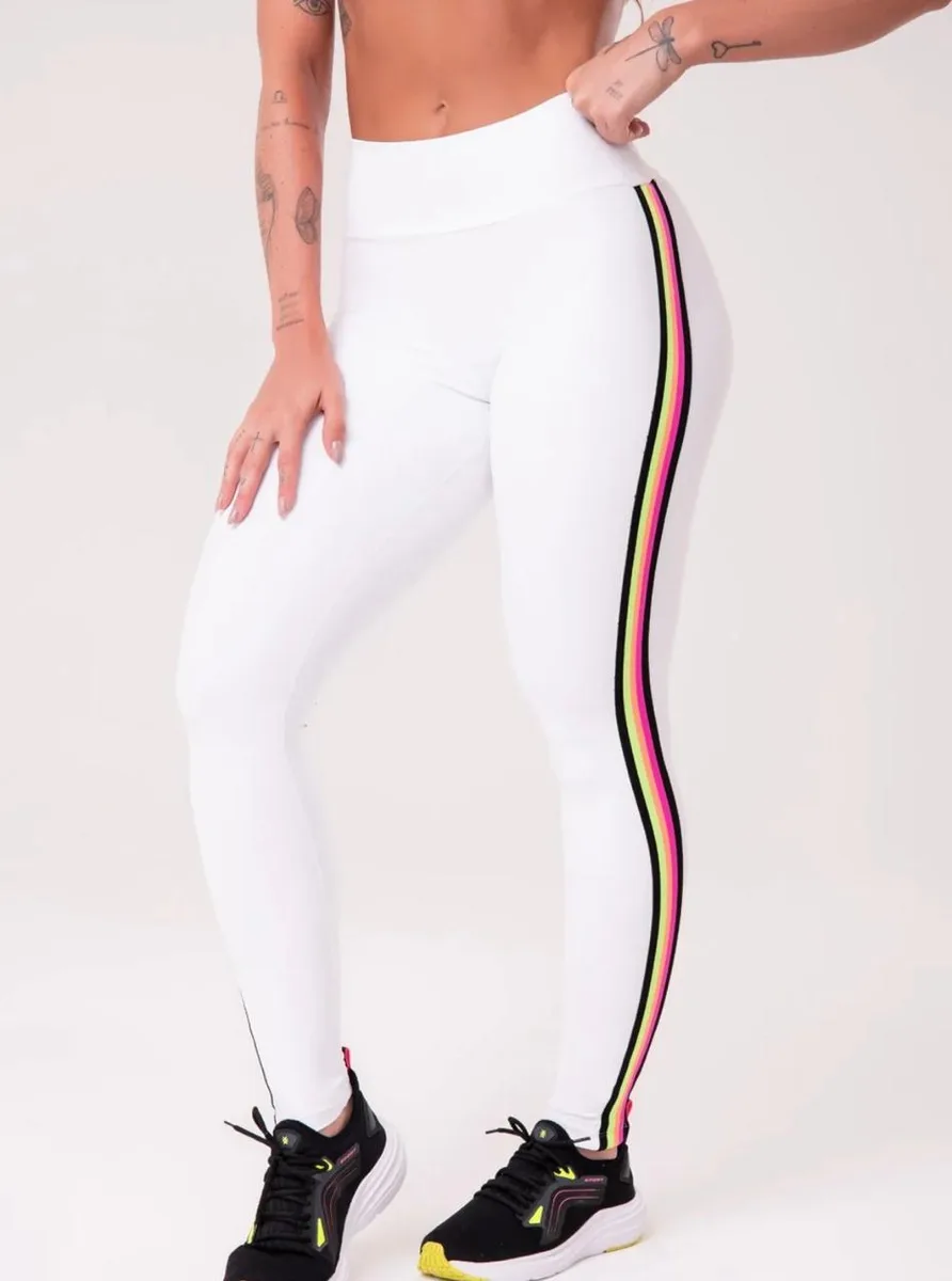Calza DLK Blanca con Franjas Laterales, Blanco con franjas laterales multicolor